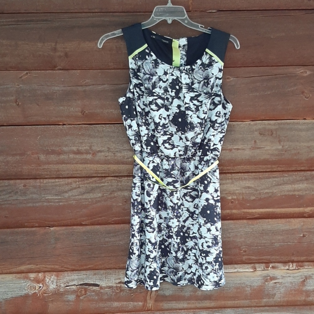 Black, white, neon yellow mini dress